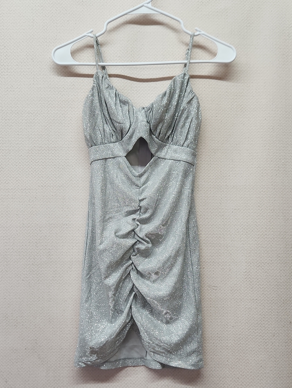 Symphony Silver Glitter Ruched Mini Dress with Cutout